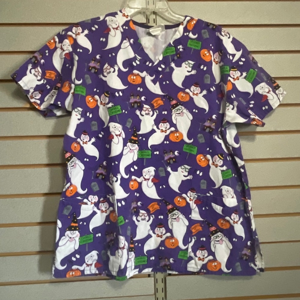 Uniform‎ City Purple Halloween Ghost Print Scrub Top V-Neck Medical Uniform Med